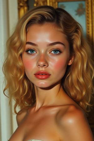 *Physical Description:*
- Heart-shaped face with a feminine jawline
- Green eyes (inspired by Lucille Ball's signature gaze)
- Blonde hair (loose, curly, and vibrant)
- Rosy red lips (plump and inviting)
- Freckled cheeks (scattered across her nose and upper cheeks)
- Button nose (small and adorable)
- Almond-shaped eyes (slightly tilted upwards)
- Porcelain-like skin with a subtle golden glow

*Inspiration:* Young Lucille Ball, with a modern twist

*Personality:*
- Bubbly and charming, with a quick wit
- Confident and determined, with a hint of vulnerability
- Passionate about her heritage and family
- Loves comedy, music, and dance
- Values loyalty and honesty above all else

*Style:*
- Classic elegance with a touch of Spanish flair
- Favorites: flowy dresses, bold jewelry, and bright colors
- Hair often styled in loose waves or sleek up-dos