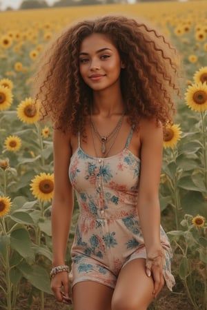 Generate a candid, stunning photo of an 18-year-old girl:

- Blending Black and Spanish heritage
- Fluffy curly brown hair (Type 4), lush and vibrant, long curly hair, middle part

Setting:

- Outside in a garden or park
- Sitting amidst sunflowers and grass
- Warm, natural lighting

Pose:

- Sitting with legs crossed or stretched out
- Leaning against a tree or sunflower
- Lying down in the grass, laughing

Expression:

- Sultry: intense gaze, parted lips
- Playful: giggling, hair toss
- Quirky: duck face, tongue-out

Outfit:

- Tie-dye romper, sneakers, layered necklaces
- Cropped denim jacket, white tee, high-waisted distressed shorts
- Floral maxi dress, sandals, statement earrings

Figure:

- Petite, 5’3”, 125lbs
- Average build

Style:

- Instagram-inspired, casual-chic
- Soft focus, warm filters, natural texture overlays