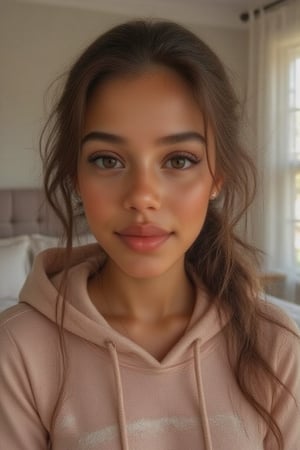 Generate a radiant, hyper-realistic portrait of a stunning teenager:

- Blended Black, Spanish, and White American heritage
- Standing in her cozy bedroom, sitting on her bed or in a chair
- Heart-shaped face, golden brown skin with a subtle tan
- Bright brown eyes, deep dimples, confident smile
- Smiling showcasing her Pearly whites, and deep dimples  small heart-shaped lips
- Thick, long, wavy hair (waist-length) in a ponytail
- Luscious curls, soft natural texture
- Sparkling eyes directly at the camera

Physique:
- 5'3", 125 lbs, 34" waist, B-cup bust
- Proportionate, fit body

Outfit:
- A hot pink hoodie with a cool print on it, light blue denim jeans
- Cute, teenage, normal girl design

Lighting:
- Soft, natural illumination

Quality:
- 16K equivalent resolution
- Photorealistic textures
- Razor-sharp edges
- Crystal-clear facial features
- Pin-sharp eyes
- Flawless skin rendering
- Advanced noise reduction
- HDR-like contrast
- Vibrant, lifelike colors
- Perfect focus, zero blur

Style: Ultra-realistic, cinematic, high-definition, masterpiece.

Additional keywords:
- High-res
- Ultra-detailed
- Photorealistic
- Sharp focus
- Crystal clarity
- Cinematic quality
- Radiant
- Glowing
- Luminous
- Highly detailed skin
- Intricately detailed hair"