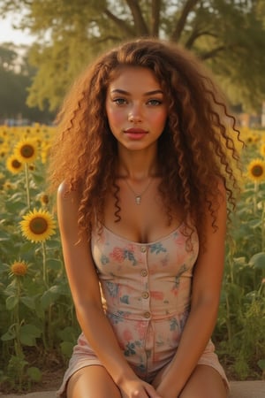 Generate a candid, stunning photo of an 18-year-old girl:

- Blending Black and Spanish heritage
- Fluffy curly brown hair (Type 4), lush and vibrant, long curly hair, middle part

Setting:

- Outside in a garden or park
- Sitting amidst sunflowers and grass
- Warm, natural lighting

Pose:

- Sitting with legs crossed or stretched out
- Leaning against a tree or sunflower
- Lying down in the grass, laughing

Expression:

- Sultry: intense gaze, parted lips
- Playful: giggling, hair toss
- Quirky: duck face, tongue-out

Outfit:

- Tie-dye romper, sneakers, layered necklaces
- Cropped denim jacket, white tee, high-waisted distressed shorts
- Floral maxi dress, sandals, statement earrings

Figure:

- Petite, 5’3”, 125lbs
- Average build

Style:

- Instagram-inspired, casual-chic
- Soft focus, warm filters, natural texture overlays