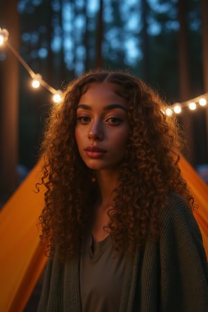 Generate an image of a stunning 18-year-old petite teenager, young, youth, child, kid, blending Black and Spanish heritage. She has fluffy curly golden brown hair, Type 4 hair, lush and vibrant, falling in loose waves down her back.

Setting:
- Outdoor: A serene forest campsite with a tent at dusk
- Soft, warm lighting with subtle shadows and twinkling string lights
- Tall trees surrounding a cozy clearing, with a crackling campfire and rustic wooden benches
- Camping gear and equipment subtly integrated into the scene

Physical Description:
- Fair skin with a subtle, sun-kissed glow
- Bright, expressive hazel eyes

Outfit:
- Comfortable, green earth-toned camping shirt (flannel or fleece)
- Practical hiking pants or leggings
- Warm, cozy cardigan 
- Sturdy hiking boots

Style:
-Effortless, coastal chic
- Confident, carefree, innocent pose

Mood:
- Serene, joyful, and radiant
- Capturing the essence of a relaxed summer afternoon
Inspired by singer Tyla's vibrant energy and style, create a breathtaking image that embodies beauty, elegance, and a laid-back coastal vibe.