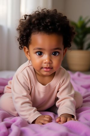 A baby melanated girl with curly hair, baby soft hair, short baby hair, indian brown skin mixed with puerto Rican and Cuban heritage, light brown, black American,

At home in the living room on a baby pink and purple blanket
*Baby's Face:*
Adorable round
Bright curious eyes
Button nose
Plump rosy cheeks
Sweet gentle smile

*Baby's Personality:*
Curious adventurous
Giggly playful
Snuggly affectionate
Happy energetic

*Baby's Features:*
Soft curly hair
Chubby little hands
Tiny feet