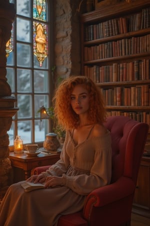 Capture a candid photo of a stunning 18-year-old girl, blending White and Spanish heritage. Olive, goldfish skin tone. Blue eyes, She has short, shoulder length, strawberry blonde, ginger, natural, Ed sheerans hair, curly, wavy hair, lush and vibrant 

_A Cozy Library Scene:_

Soft, warm light filters through stained glass windows, illuminating rows of towering bookshelves.

_A plush, crimson armchair sits nestled_
between shelves, facing a crackling fireplace.

_A delicate, porcelain lamp casts_
golden hues on a polished wooden side table.

_A leather-bound book lies open_
on the chair's ottoman.

_A steaming cup of coffee_
sits beside the book.

_A winter landscape_
unfolds outside the frosty windowpanes.

_Raindrops trickle down_
the panes, rhythmic and soothing.