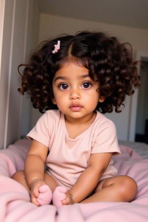 A baby melanated girl with puffy curly hair indian brown skin mixed with puerto Rican and Cuban heritage, light brown, black American,

At home in the living room on a pink blanket
*Baby's Face:*
Adorable round
Bright curious eyes
Button nose
Plump rosy cheeks
Sweet gentle smile

*Baby's Personality:*
Curious adventurous
Giggly playful
Snuggly affectionate
Happy energetic

*Baby's Features:*
Soft curly hair
Chubby little hands
Tiny feet