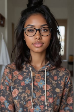 Create a breathtakingly realistic portrait of an 18-year-old mixed-heritage girl, blending South African and Japanese roots:

- Relaxing at home, in her bathroom taking a selfie
- Cinnamon, Mocha brown skin with subtle sheen
- Almond-shaped Asian eyes, full lips, small button nose, small petite nose, braces
- Structured cheekbones, feminine features

*Hair:*

- EXTRA LONG, WAIST-LENGTH DARK HAIR (below the waist)
- LUSH, CURLY LOCKS (tail bone length)
- LONG HAIR, LONG CURLS, FLOWING HAIR
Longer hair, in a pony tail, all hair in pony tail, no hair out

*Physique:*

- Petite, toned (5'3", 125 lbs, 34" waist)
- Proportionate, realistic body

*Outfit:*

- a cute girly dope/cool printed pull over hoodie with hope and pull strings
- Matching denim jeans

*Accessories:*

- *PRESCRIPTION GLASSES* (black square framed)
- Glasses, specs, eyewear (emphasize)

*Makeup and Pose:*

- Minimal makeup, natural glow
- Confident pose, bright smile, pearly white teeth

*Essence:*

- American girl, mixed race, beautiful blend
- Captivate her relaxed, carefree spirit

*Quality:*

- Realistic, photo-real, photo-realistic, real-life
- High-resolution, ultra-detailed, photorealistic textures
- Razor-sharp edges, crystal-clear facial features, 

Square Shaped prescription glasses on all generates

Why is it so hard for you to make her hair long? Long hair please