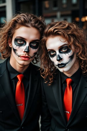 a close-up of two twin American males, white sclera, natural blonde curly curly hair, blonde hair, green eyes, emerald green eyes, skull makeup, black lipstick, muscular, toned males, abs, nose and eye brow piercing, black suit, red tie, horror_theme, posing, outdoors, night, scenery, a photorealistic, 8K, ultra-detailed, best quality, super fine illustration, detailed light, realistic lighting, symmetrical face paint, white and black,Handsome,smiling, mid long hair blonde,giaro,model, twins, two guys, standing side by side or one is above the other.