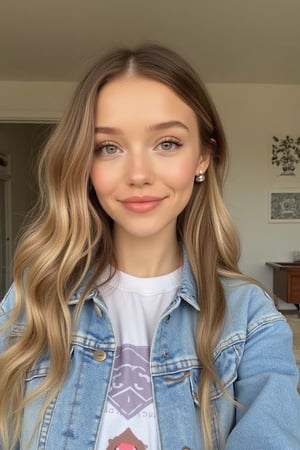 Hair- long, wavy, blonde hair, Skin- fair, olive skin, green eyes
Setting- at home, taking a selfie in her house for instagram
Outfit- A white printed shirt with a denim jean jacket
Pose- Carefree: smiling, smiling with eyes 
Accessories: small dangling earrings
Instagram-Style