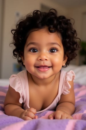 A baby melanated girl with curly hair, baby soft hair, short baby hair, indian brown skin mixed with puerto Rican and Cuban heritage, light brown, black American,

At home in the living room on a baby pink and purple blanket
*Baby's Face:*
Adorable round
Bright curious eyes
Button nose
Plump rosy cheeks
Sweet gentle smile

*Baby's Personality:*
Curious adventurous
Giggly playful
Snuggly affectionate
Happy energetic

*Baby's Features:*
Soft curly hair
Chubby little hands
Tiny feet