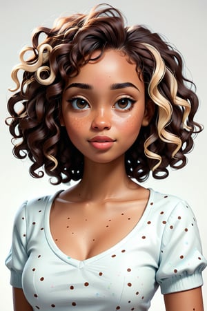 Clean Cartoon-brushstrokes Painting, crisp, simple, colored_lineart_illustration style, 1 woman, (21 years old), melanated female, brown skin, dark skin, type 4 hair, curly hair, realism, left side profile, left side of body, left side of face, profile, whole body facing left side, mugshot, v-neck shirt, cleavage cutout, cleavage, B cup size, small breast, quirky, dimples, innocent, feminine, soft, freckles, whimsical, young, vibrant, adorable, slender/petite body shape, normal size head, head that fits body, high quality, masterpiece ,3D