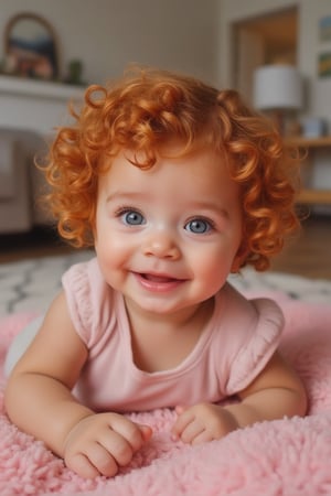 Capture a candid photo of a stunning baby, blending White and Spanish heritage. Olive, goldfish skin tone. Blue eyes, She has short, strawberry blonde, ginger, natural, Ed sheerans hair, curly, 

Laying on a Pink blanket at home

*Baby's Face:*
Adorable round
Bright curious eyes
Button nose
Plump rosy cheeks
Sweet gentle smile

*Baby's Personality:*
Curious adventurous
Giggly playful
Snuggly affectionate
Happy energetic

*Baby's Features:*
Soft curly hair
Chubby little hands
Tiny feet