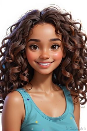 Clean Cartoon-brushstrokes Painting, crisp, simple, colored_lineart_illustration style, 1 woman, subtle smiling, (21 years old), real, realistic, realism, Puerto Rican female, brown skin, Spanish girl, type 3 hair, dark brown hair, curly hair, long hair, beautiful, quirky, dimples, feminine, soft, whimsical, happy, young, vibrant, adorable, slender/petite body shape, normal size head, head that fits body, high quality, masterpiece ,3D