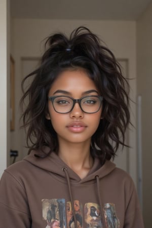 Create a breathtakingly realistic portrait of an 18-year-old mixed-heritage girl, blending South African and Japanese roots:

- Relaxing at home, in her bathroom taking a selfie
- Cinnamon, Mocha brown skin with subtle sheen
- Almond-shaped Asian eyes, full lips, small button nose, braces
- Structured cheekbones, feminine features

*Hair:*

- EXTRA LONG, WAIST-LENGTH DARK HAIR (below the waist)
- LUSH, CURLY LOCKS (tail bone length)
- LONG HAIR, LONG CURLS, FLOWING HAIR
Longer hair, in a pony tail, all hair in pony tail

*Physique:*

- Petite, toned (5'3", 125 lbs, 34" waist)
- Proportionate, realistic body

*Outfit:*

- brown dope/cool printed pull over hoodie with hope and pull strings
- Matching denim jeans

*Accessories:*

- *PRESCRIPTION GLASSES* (black square framed)
- Glasses, specs, eyewear (emphasize)

*Makeup and Pose:*

- Minimal makeup, natural glow
- Confident pose, bright smile, pearly white teeth

*Essence:*

- American girl, mixed race, beautiful blend
- Captivate her relaxed, carefree spirit

*Quality:*

- Realistic, photo-real, photo-realistic, real-life
- High-resolution, ultra-detailed, photorealistic textures
- Razor-sharp edges, crystal-clear facial features, 

Square Shaped prescription glasses on all generates

Why is it so hard for you to make her hair long? Long hair please