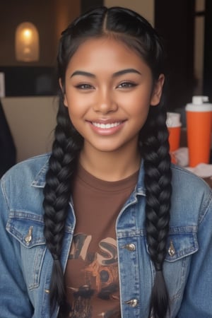 Create a stunning portrait of an 18-year-old mixed-heritage girl, blending South African and Japanese roots:

- Chilling, hanging out at home, in a coffee shop with her laptop
- Cinnamon, Mocca brown skin with subtle sheen
- Almond-shaped asian eyes, full lips, small button nose, small petite nose, braces, 
- Structured cheek bones, feminine features, 
- Long straight hair in two braids, all hair in braids, light hair out on the side
- Petite, toned physique (5'3", 125 lbs, 34" waist) head fits body, realistic body
- Asian swag, baggy clothes, brown shirt with a denim jean jacket
- Minimal makeup, natural glow
- Confident pose, bright smile, pearly white teeth

Capture her essence: American girl, mixed race, beautiful blend."

Realistic, photo real, photo realistic, real,