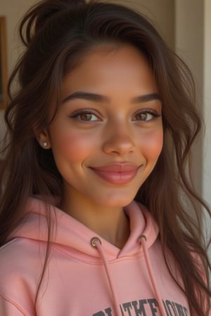 Generate a radiant, hyper-realistic portrait of a stunning teenager:

- Blended Black, Spanish, and White American heritage
- Standing in her cozy bedroom, sitting on her bed or in a chair
- Heart-shaped face, golden brown skin with a subtle tan
- Bright brown eyes, deep dimples, confident smile
- Smiling showcasing her Pearly whites, and deep dimples  small heart-shaped lips
- Thick, long, wavy hair (waist-length) in a ponytail
- Luscious curls, soft natural texture
- Sparkling eyes directly at the camera

Physique:
- 5'3", 125 lbs, 34" waist, B-cup bust
- Proportionate, fit body

Outfit:
- A hot pink hoodie with a cool print on it, light blue denim jeans
- Cute, teenage, normal girl design

Lighting:
- Soft, natural illumination

Quality:
- 16K equivalent resolution
- Photorealistic textures
- Razor-sharp edges
- Crystal-clear facial features
- Pin-sharp eyes
- Flawless skin rendering
- Advanced noise reduction
- HDR-like contrast
- Vibrant, lifelike colors
- Perfect focus, zero blur

Style: Ultra-realistic, cinematic, high-definition, masterpiece.

Additional keywords:
- High-res
- Ultra-detailed
- Photorealistic
- Sharp focus
- Crystal clarity
- Cinematic quality
- Radiant
- Glowing
- Luminous
- Highly detailed skin
- Intricately detailed hair"