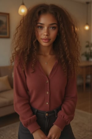 Here's a rewritten prompt for the teenager's mother:

"Generate a stunning, hyper-realistic portrait of a beautiful woman:

- Blended Black and Spanish heritage
- Standing in her cozy living room, sitting on a couch
- Oval-shaped face, warm, rich brown skin
- Expressive brown eyes, full lips, gentle smile
- Afro hairstyle, lush and voluminous (4a-4c texture)
- Soft, natural hair texture, defined curls

Physique:
- 5'6", 140 lbs, 36" waist, C-cup bust
- Fit, curvy body

Outfit:
- Comfortable, elegant burgundy blouse
- Dark jeans, simple jewelry

Lighting:
- Soft, warm illumination

Quality:
- 16K equivalent resolution
- Photorealistic textures
- Razor-sharp edges
- Crystal-clear facial features
- Pin-sharp eyes
- Flawless skin rendering
- Advanced noise reduction
- HDR-like contrast
- Vibrant, lifelike colors
- Perfect focus, zero blur

Style:
- Ultra-realistic, cinematic, high-definition, masterpiece

Additional keywords:
- High-res
- Ultra-detailed
- Photorealistic
- Sharp focus
- Crystal clarity
- Cinematic quality
- Radiant
- Glowing
- Luminous
- Highly detailed skin
- Intricately detailed hair
- Afro texture
- Curly hair
- Black and Spanish heritage
- Beautiful, elegant, confident woman"