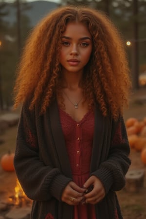 Capture a candid photo of a stunning 18-year-old girl, year-old petite teenager, young, youth, child, kid, blending Black and Spanish heritage. She has fluffy curly brown hair, Type 4 hair, lush and vibrant, long curly hair, middle part. Fashionable style with a mix of innocence and edge Halloween hot Witch Prompt: Embodying the spirit of a modern, edgy witch, sweet nice witch for Halloween. Wearing red and black. casts a spell of allure at a mystical, autumnal setting, pumpkins, holiday white lights and Halloween theme. Clad in a flowy black dress witch costume with subtle lace details, chunky boots, and statement witchy accessories. Her afro curls are adorned with subtle, glittering silver threads, while bold, smoky eyes and dark lip color add to her enchanting gaze. A sprinkle of freckles across her cheeks and nose adds a touch of whimsy. Pose inspirations: - Gazing into a glowing crystal ball - standing atop a mystical, ancient tome - Conjuring magic with a wand Style influences: - Dark, moody aesthetics with pops of autumnal color - Witchy, mystical symbols and textures - Edgy, avant-garde fashion with a touch of elegance.
*Figure*
-Average
5’3”, 115lbs