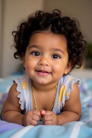 A baby melanated girl with curly hair, baby soft hair, short baby hair, indian brown skin mixed with puerto Rican and Cuban heritage, light brown, black American,

At home in the living room on a baby light blue and purple blanket
*Baby's Face:*
Adorable round
Bright curious eyes
Button nose
Plump rosy cheeks
Sweet gentle smile

*Baby's Personality:*
Curious adventurous
Giggly playful
Snuggly affectionate
Happy energetic

*Baby's Features:*
Soft curly hair
Chubby little hands
Tiny feet