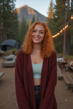 Generate an image of a stunning 18-year-old woman, blending White and Spanish heritage. She has short, shoulder length, strawberry blonde, ginger, natural, Ed sheerans hair, curly, wavy hair, lush and vibrant, falling in loose waves down her back.

Setting:
- Outdoor: A serene mountain campsite at noon, mountain view
- Soft, warm lighting with subtle shadows and twinkling string lights
- Tall trees surrounding a cozy clearing, with a crackling campfire and rustic wooden benches
- Camping gear and equipment subtly integrated into the scene

Physical Description:
- Fair skin with a subtle, sun-kissed glow
- Bright, big expressive blue eyes
- Petite, thin,
- Smiling
- slim feminine beautiful exotic facial features 
- beautiful woman

Outfit:
- Comfortable, earth toned pastel top (flannel or fleece)
- high waist pants
- Warm, burgundy cozy cardigan 
- Sturdy hiking boots

Style:
-Effortless, coastal chic
- Confident, carefree, innocent pose

Mood:
- Serene, joyful, and radiant
- Capturing the essence of a relaxed summer afternoon
Inspired by singer Tyla's vibrant energy and style, create a breathtaking image that embodies beauty, elegance, and a laid-back coastal vibe.