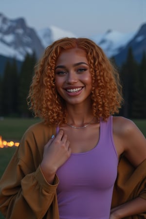 Generate an image of a stunning 18-year-old girl, blending White and Spanish heritage. Olive, goldfish skin tone. She has short, shoulder length, strawberry blonde, ginger, natural, Ed sheerans hair, curly, wavy hair, lush and vibrant, falling in loose waves down her back.

Setting:
- Outdoor: A serene mountain campsite at dusk, mountain view
- Soft, warm lighting with subtle shadows and twinkling string lights
- Tall trees surrounding a cozy clearing, with a crackling campfire and rustic wooden benches
- Camping gear and equipment subtly integrated into the scene

Physical Description:
- Fair skin with a subtle, sun-kissed glow, olive goldish skin tone
- Bright, expressive blue eyes
- Petite, thin,
- Smiling
- slim feminine beautiful exotic facial features 
- regular lips

Outfit:
- Comfortable, pastel purple fitted pastel top (flannel or fleece)
- Practical hiking leggings
- Warm, cozy cardigan

Style:
-Effortless, coastal chic
- Confident, carefree, innocent pose

Mood:
- Serene, joyful, and radiant
- Capturing the essence of a relaxed summer afternoon
Inspired by singer Tyla's vibrant energy and style, create a breathtaking image that embodies beauty, elegance, and a laid-back coastal vibe.