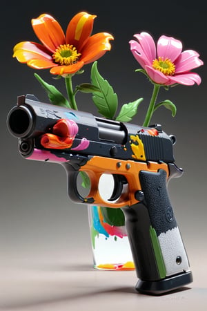 Clean Cartoon-brushstrokes Painting, crisp, simple, colored_lineart_illustration style, realistic, realism, 3D Cartoon, 3D Art, vibrant colors, p226 sig sauer pistol, flower growing out of muzzle, gun, no humans, handgun, art, beautiful, gallery, 3D, black gun, colorful flowers,