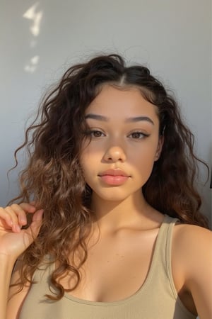 A beautiful young 16-20 years old blue eyed, fair/olive brown skin, golden brown skin, mixed american black and Japanese heritage girl with deep brown eyes and thick long curly hair, asian eyes, pointy eyes, full lips. girl taking an instagram/Pinterest selfie in her room at her home, a very elegant girl wearing beige with a white backdrop of her home, sexy yet innocent, solid brown hair

iPhone Photography,long hair,iPhone Photography,wavy hair,iPhone Photography,Blasian,iPhone Photography,American girl