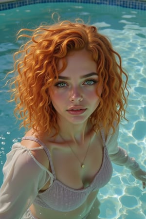 Capture a candid photo of a stunning 18-year-old girl, blending White and Spanish heritage. Olive, goldfish skin tone. Blue eyes, She has short, shoulder length, strawberry blonde, ginger, natural, Ed sheerans hair, curly, wavy hair, lush and vibrant

masterpiece, 8k, 3D, best quality, photography, analog style, real life, extremely beautiful, (highly detailed, intricately detailed), (highly detailed skin), (alluring eyes), photorealistic (1 woman), swimming in water below the surface of the pool, small waist, (long straight autumn red hair), close up, micro bikini, bubbles, landscape, realistic lighting