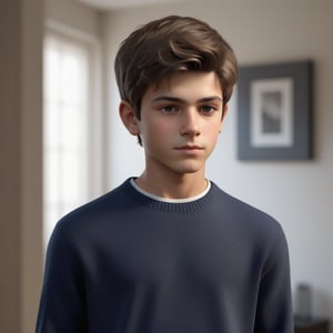 A realistic 3D image of a younger Italian boy, around 16 years old, with short, perfect hair and light skin, getting ready for school at home. He displays a cool, nonchalant demeanor, exuding a subtle "bad boy" aura. His slender body and normal-sized head fit perfectly in the cozy home setting, capturing his innocent, vibrant, and handsome appearance.