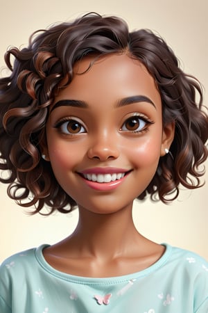 Clean Cartoon-brushstrokes Painting, crisp, simple, colored_lineart_illustration style, 1 woman, (21 years old), real, realistic, realism, melanated female, brown skin, dark skin, cinnamon brown skin, black girl, type 4 hair, dark brown hair, brown on brown hair, curly hair, short hair, almond shaped eyes, small eyes, more feminine mouth, v shaped chin, jaw line, tiny mouth, small mouth, feminine mouth, petite mouth, v shaped smile, smiling, little teeth, small teeth, skinny teeth, over bite, plump lips, B lips, butterfly lips, dentist background, beautiful, quirky, dimples, feminine, soft, whimsical, happy, young, vibrant, adorable, slender/petite body shape, normal size head, head that fits body, high quality, masterpiece ,3D