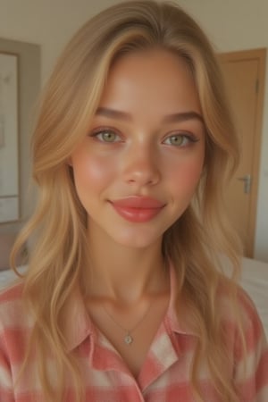 Generate a radiant, hyper-realistic portrait of a stunning teenager: - Heart-shaped face with a feminine structured rosy red jawline - Green eyes, fair, olive skin- Blonde hair (loose, wavy, curled and vibrant) - Rosy red lips (plump and inviting) - Freckled cheeks (scattered across her nose and upper cheeks) - Button nose (small and adorable) - Almond-shaped eyes (slightly tilted upwards) - Porcelain-like skin with a subtle golden glow - Thick, long, wavy blonde hair, natural blonde (waist-length) in a ponytail - Luscious curls, soft natural texture - Sparkling eyes directly at the camera Physique: - 5'3", 125 lbs, 34" waist, B-cup bust - Proportionate, fit body Outfit: - school uniform, skirt,  Bright red and white - Cute, teenage, normal girl design