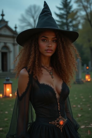 Capture a candid photo of a stunning 18-year-old girl, year-old petite teenager, young, youth, child, kid, blending Black and Spanish heritage. Golden brown skin. She has fluffy curly brown hair, Type 4 hair, lush and vibrant, long curly hair, middle part

A mysterious witch, shrouded in darkness, stands amidst a crumbling, moonlit cemetery. Her long, raven-black hair billows in the wind, with subtle, glowing embers woven into the strands. Her porcelain skin glows softly, illuminated by the faint light of lanterns scattered around her.

Attire:

- Tattered, black Victorian-era gown, with intricate lace and mysterious symbols
- A pointed hat casts a dramatic shadow over her face
- Glittering, gemstone-encrusted brooch at her throat, pulsing with an otherworldly energy

Setting:

- Forgotten, rural cemetery, with overgrown grass and vines claiming the gravestones
- Crumbling mausoleums loom in the background, their doors slightly ajar
- Flickering candles and lanterns cast eerie shadows on the ground

Intricate details:

- Delicate, swirling mist around her feet, as if the earth itself is responding to her presence
- Ancient, leather-bound tome lies open at her feet, its pages fluttering in the wind
- Tiny, glowing orbs float around her, like fireflies drawn to her magic

Artistic style:

- Inspired by dark fantasy and Gothic horror
- Hyperrealistic, ultra-detailed, and luminous, with film grain texture
- Cinematic quality, sharp focus, and crystal clarity

Mood:

- Ominous, mystical, and enchanting, with a touch of supernatural power