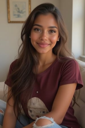 Generate a radiant, hyper-realistic portrait of a stunning teenager:

- Blended Black, Spanish, and White American heritage
- Sitting on her couch getting ready for school
- Heart-shaped face, golden brown skin with a subtle tan
- Bright brown eyes, deep dimples, confident smile
- Smiling showcasing her Pearly whites, and deep dimples  small heart-shaped lips
- Thick, long, wavy hair (waist-length) in a ponytail
- Luscious curls, soft natural texture
- Sparkling eyes directly at the camera

Smiling showing teeth and dimples please. 
Physique:
- 5'3", 125 lbs, 34" waist, B-cup bust
- Proportionate, fit body

Outfit:
- light blue denim levi High-waisted mom jeans, Maroon cropped tee, platform sandals
- Cute, teenage, normal girl design

Lighting:
- Soft, natural illumination

Quality:
- 16K equivalent resolution
- Photorealistic textures
- Razor-sharp edges
- Crystal-clear facial features
- Pin-sharp eyes
- Flawless skin rendering
- Advanced noise reduction
- HDR-like contrast
- Vibrant, lifelike colors
- Perfect focus, zero blur

Style: Ultra-realistic, cinematic, high-definition, masterpiece.

Additional keywords:
- High-res
- Ultra-detailed
- Photorealistic
- Sharp focus
- Crystal clarity
- Cinematic quality
- Radiant
- Glowing
- Luminous
- Highly detailed skin
- Intricately detailed hair",- "High-res" - "Ultra-detailed" - "Photorealistic" - "Sharp focus" - "Crystal clarity" - "Cinematic quality"