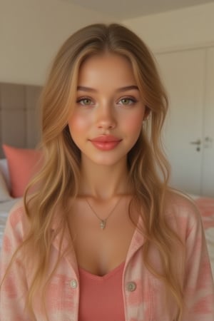 Generate a radiant, hyper-realistic portrait of a stunning teenager: - Heart-shaped face with a feminine structured rosy red jawline - Green eyes, fair, olive skin- Blonde hair (loose, wavy, curled and vibrant) - Rosy red lips (plump and inviting) - Freckled cheeks (scattered across her nose and upper cheeks) - Button nose (small and adorable) - Almond-shaped eyes (slightly tilted upwards) - Porcelain-like skin with a subtle golden glow - Thick, long, wavy blonde hair, natural blonde (waist-length) in a ponytail - Luscious curls, soft natural texture - Sparkling eyes directly at the camera Physique: - 5'3", 125 lbs, 34" waist, B-cup bust - Proportionate, fit body Outfit: - school uniform, skirt,  Bright red and white - Cute, teenage, normal girl design