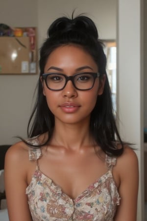 Create a breathtakingly realistic portrait of an 18-year-old mixed-heritage girl, blending South African and Japanese roots: - Relaxing at home, in her bedroom reading a book - Cinnamon, Mocha brown skin with subtle sheen - Almond-shaped Asian eyes, full lips, small button nose, small petite nose, braces - Structured cheekbones, feminine features *Hair:* - EXTRA LONG, WAIST-LENGTH DARK HAIR (below the waist) - LUSH, CURLY LOCKS (tail bone length) - LONG HAIR, LONG CURLS, FLOWING HAIR Longer hair, in a pony tail, all hair in pony tail, no hair out, scroungy, Barrett holding hair. *Physique:* - Petite, toned (5'3", 125 lbs, 34" waist) - Proportionate, realistic body *Outfit:* - a beautiful sun dress *Accessories:* - *PRESCRIPTION GLASSES* (black square framed) - Glasses, specs, eyewear (emphasize) *Makeup and Pose:* - Minimal makeup, natural glow - Confident pose, bright smile, pearly white teeth *Essence:* - American girl, mixed race, beautiful blend - Captivate her relaxed, introvert, care free, home body *Quality:* - Realistic, photo-real, photo-realistic, real-life - High-resolution, ultra-detailed, photorealistic textures - Razor-sharp edges, crystal-clear facial features, Square Shaped prescription glasses on all generates Why is it so hard for you to make her hair long? Long hair please
Negative prompt: (((Low-quality))), (((Low quality))), Low-quality rendering, duplicated body parts, distorted anatomy, pixelated details, inconsistent lighting, blurry edges, awkward poses, mismatched colors, repetitive patterns, unbalanced composition, unclear focal point, exaggerated features, overlapping elements, chaotic arrangement, unnatural expressions, fragmented shapes, low-resolution textures, skewed perspectives, redundant forms, disjointed visuals, erratic proportions, faded colors, unrefined outlines, clashing styles, indistinct backgrounds, errant shadows, unoriginal ideas, jarring contrasts, muddled imagery, incoherent designs, Over-saturated colors, extreme blur, distorted hues, unclear details, vibrant but fuzzy, excessive brightness, muddled visuals, chaotic color palette, soft focus, jarring contrasts, Pixelated grid, blocky textures, low-resolution squares, jagged edges, grid-like appearance, pixelated patterns, coarse details, mosaic effect, fragmented visuals, low-quality pixelation, logo, watermark, she's wearing glasses.