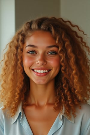 Capture a candid photo of a stunning 18-year-old girl, year-old petite teenager, young, youth, child, kid, blending Black and Spanish heritage. She has fluffy curly brown hair, Type 4 hair, lush and vibrant, long curly hair, middle part. *Softened Square Features:* 1. "Strong, yet delicate square jawline." 2. "Angular features softened by gentle curves." 3. "Square head shape with rounded edges." 4. "Feminine square face with subtle, refined lines." Describe a stunning golden brown girl with: - Curly, golden brown hair - Bright hazel eyes - button nose - Full, heart-shaped lips - Warm, radiant complexion" *Setting:* - Natural light (near a window or outside) - Soft, pastel-colored background (optional) - Minimal distractions *Pose:* - Relaxed, slight smile - Chin slightly tilted up - Shoulders back, confident posture - Hair styled naturally *Expression:* - Genuine, warm smile - Sparkling eyes - Subtle, natural makeup (optional) *Outfit* -  a long sleeve shirt and a vest *Style Influences:* - Soft focus or subtle filter - Natural colors and lighting - Authentic, effortless vibe *Capture:* - A moment of self-love and confidence - A glimpse of your personality - A beautiful, genuine smile *Figure*-Average 5’3”, 115lbs,- "High-res" - "Ultra-detailed" - "Photorealistic" - "Sharp focus" - "Crystal clarity" - "Cinematic quality"