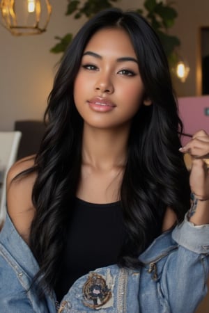 Create a stunning portrait of an 18-year-old mixed-heritage girl, blending South African and Japanese roots:

- Chilling, hanging out at home, in a coffee shop with her laptop
- Cinnamon, Mocca brown skin with subtle sheen
- Almond-shaped asian eyes, full lips, small button nose, small petite nose, braces, 
- Structured cheek bones, feminine features, 
- Long wavy hair
- Petite, toned physique (5'3", 125 lbs, 34" waist) head fits body, realistic body
- Asian swag, baggy clothes,  black shirt with a denim jean jacket
- Minimal makeup, natural glow
- Confident pose, bright smile, pearly white teeth, braces

Capture her essence: American girl, mixed race, beautiful blend."

Realistic, photo real, photo realistic, real,