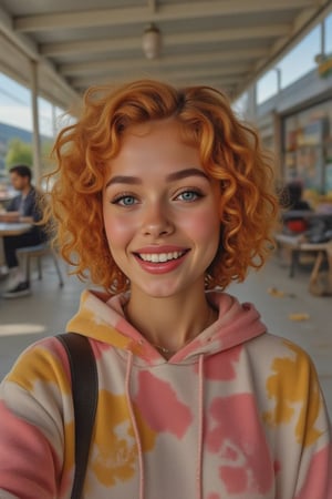 Capture a candid photo of a stunning 18-year-old girl, blending White and Spanish heritage. Olive, goldfish skin tone. Blue eyes, Tenerife sea eyes, She has short, shoulder length, strawberry blonde, ginger, natural, Ed sheerans hair, curly, wavy hair, Shirley temple curls, hair parted in the middle going towards the back, back hair falls down near face, lush and vibrant,

* Relaxed and radiant, she  at school, high school, in the  clear room taking a selfie smiling with teeth

Style:* - Tie-dye hoodie, distressed denim shorts, sneakers, bag pack - small necklace, and earrings to match - Minimal makeup, natural beauty

Real, realistic, photo real