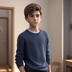 A realistic 3D image of a younger Italian boy, around 16 years old, with short, perfect hair and light skin, getting ready for school at home. He displays a cool, nonchalant demeanor, exuding a subtle "bad boy" aura. His slender body and normal-sized head fit perfectly in the cozy home setting, capturing his innocent, vibrant, and handsome appearance.