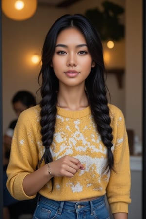 Here's the rewritten prompt in words:

"Create a stunning portrait of an 18-year-old mixed-heritage girl, blending South African and Japanese roots:

- Chilling, hanging out at home, in a coffee shop with her laptop
- Cinnamon, Mocca brown skin with subtle sheen
- Almond-shaped asian eyes, full lips, small button nose, small petite nose, braces, 
- Structured cheek bones, feminine features, 
- Long straight hair in two braids, all hair in braids, light hair out on the side
- Petite, toned physique (5'3", 125 lbs, 34" waist) head fits body, realistic body
- Asian swag, baggy clothes, yellow and white sweater, blue baggy pants
- Minimal makeup, natural glow
- Confident pose, bright smile, pearly white teeth

Capture her essence: American girl, mixed race, beautiful blend."

Realistic, photo real, photo realistic, real, braid_dutch