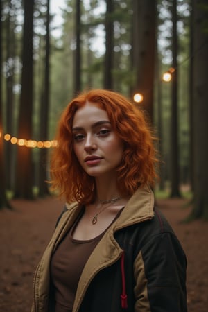 Generate an image of a stunning 18-year-old woman, blending White and Spanish heritage. She has short, shoulder length, strawberry blonde, ginger wavy hair, lush and vibrant, falling in loose waves down her back.

Setting:
- Outdoor: A serene forest campsite at noon
- Soft, warm lighting with subtle shadows and twinkling string lights
- Tall trees surrounding a cozy clearing, with a crackling campfire and rustic wooden benches
- Camping gear and equipment subtly integrated into the scene

Physical Description:
- Fair skin with a subtle, sun-kissed glow
- Bright, expressive hazel eyes

Outfit:
- Comfortable, earth-toned camping shirt (flannel or fleece)
- Practical hiking pants or leggings
- Warm, cozy camping jacket or hoodie
- Sturdy hiking boots

Style:
-Effortless, coastal chic
- Confident, carefree, innocent pose

Mood:
- Serene, joyful, and radiant
- Capturing the essence of a relaxed summer afternoon
Inspired by singer Tyla's vibrant energy and style, create a breathtaking image that embodies beauty, elegance, and a laid-back coastal vibe.