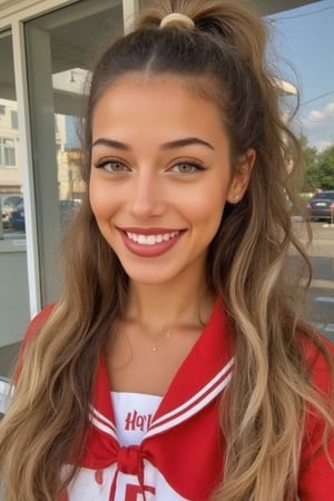 Generate a radiant, hyper-realistic portrait of a stunning teenager at a bright school: - Heart-shaped face with a feminine structured rosy red jawline - Green eyes, fair, olive skin- natural Blonde hair (loose, wavy, curled and vibrant) - Rosy red lips (plump and inviting) - Freckled cheeks (scattered across her nose and upper cheeks) - Button nose (small and adorable) - Almond-shaped eyes (slightly tilted upwards) - Porcelain-like skin with a subtle golden glow - Thick, long, wavy blonde hair, natural blonde (waist-length) in a ponytail - Luscious curls, soft natural texture - Sparkling eyes directly at the camera Physique: - 5'3", 125 lbs, 34" waist, B-cup bust - Proportionate, fit body Outfit: - school uniform, skirt,  Bright red and white - smiling from cheek to cheek, ear to ear, showing off pearly whites. Cute, teenage, normal girl design,green eyes,long wavy hair,Sam,sama, daughter of guy and khai, 