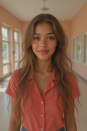 Generate a radiant, hyper-realistic portrait of a stunning teenager:

- Blended Black, Spanish, and White American heritage
- school, bright and colorful halls
- Heart-shaped face, golden brown skin with a subtle tan
- Bright brown eyes, deep dimples, confident smile
- Pearly whites, small heart-shaped lips
- Thick, long, wavy hair (waist-length) in a ponytail
- Luscious curls, soft natural texture
- Sparkling eyes directly at the camera

Physique:
- 5'3", 125 lbs, 34" waist, B-cup bust
- Proportionate, fit body

Outfit:
- bright red shirt with dark blue denim jeans
- Cute, teenage,