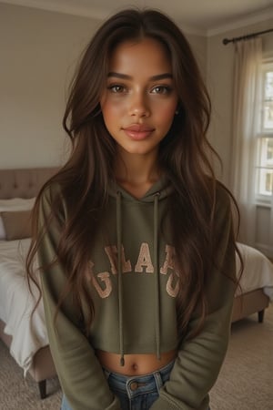 Generate a radiant, hyper-realistic portrait of a stunning teenager:

- Blended Black, Spanish, and White American heritage
- Standing in her cozy bedroom, sitting on a chair
- Heart-shaped face, golden brown skin with a subtle tan
- Bright brown eyes, deep dimples, confident smile
- Pearly whites, small heart-shaped lips
- Thick, long, wavy hair (waist-length) in a ponytail
- Luscious curls, soft natural texture
- Sparkling eyes directly at the camera

Physique:
- 5'3", 125 lbs, 34" waist, B-cup bust
- Proportionate, fit body

Outfit:
- A od green hoodie with a cool print on it, light blue denim jeans
- Cute, teenage, normal girl design

Lighting:
- Soft, natural illumination

Quality:
- 16K equivalent resolution
- Photorealistic textures
- Razor-sharp edges
- Crystal-clear facial features
- Pin-sharp eyes
- Flawless skin rendering
- Advanced noise reduction
- HDR-like contrast
- Vibrant, lifelike colors
- Perfect focus, zero blur

Style: Ultra-realistic, cinematic, high-definition, masterpiece.

Additional keywords:
- High-res
- Ultra-detailed
- Photorealistic
- Sharp focus
- Crystal clarity
- Cinematic quality
- Radiant
- Glowing
- Luminous
- Highly detailed skin
- Intricately detailed hair"