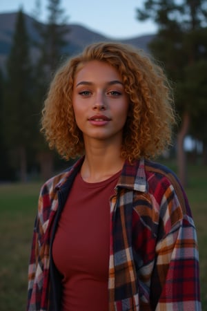 Generate an image of a stunning 18-year-old girl, blending White and Spanish heritage. Olive, goldfish skin tone. She has short, shoulder length, strawberry blonde, ginger, natural, Ed sheerans hair, curly, wavy hair, lush and vibrant, falling in loose waves down her back.

Setting:
- Outdoor: A serene mountain campsite at dusk, mountain view
- Soft, warm lighting with subtle shadows and twinkling string lights
- Tall trees surrounding a cozy clearing, with a crackling campfire and rustic wooden benches
- Camping gear and equipment subtly integrated into the scene

Physical Description:
- Fair skin with a subtle, sun-kissed glow, olive goldish skin tone
- Bright, expressive blue eyes
- Petite, thin,
- Smiling
- slim feminine beautiful exotic facial features 
- regular lips

Outfit:
- Comfortable, burgundy fitted pastel top (flannel or fleece)
- Practical hiking leggings
- Warm, cozy cardigan

Style:
-Effortless, coastal chic
- Confident, carefree, innocent pose

Mood:
- Serene, joyful, and radiant
- Capturing the essence of a relaxed summer afternoon
Inspired by singer Tyla's vibrant energy and style, create a breathtaking image that embodies beauty, elegance, and a laid-back coastal vibe.