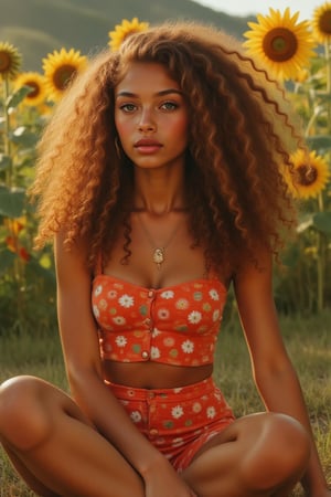 Generate a candid, stunning photo of an 18-year-old girl:

- Blending Black and Spanish heritage
- Fluffy curly brown hair (Type 4), lush and vibrant, long curly hair, middle part

Setting:

- Outside in a garden or park
- Sitting amidst sunflowers and grass
- Warm, natural lighting

Pose:

- Sitting with legs crossed or stretched out
- Leaning against a tree or sunflower
- Lying down in the grass, laughing

Expression:

- Sultry: intense gaze, parted lips
- Playful: giggling, hair toss
- Quirky: duck face, tongue-out

Outfit:

- Tie-dye romper, sneakers, layered necklaces
- Cropped denim jacket, white tee, high-waisted distressed shorts
- Floral maxi dress, sandals, statement earrings

Figure:

- Petite, 5’3”, 125lbs
- Average build

Style:

- Instagram-inspired, casual-chic
- Soft focus, warm filters, natural texture overlays