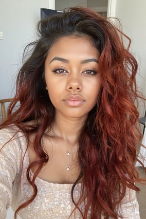 A beautiful young 16-20 years old blue eyed, fair/olive brown skin, golden brown skin, mixed american black and Japanese heritage girl with deep brown eyes and thick long curly hair, asian eyes, pointy eyes, full lips. girl taking an instagram/Pinterest selfie in her room at her home, a very elegant girl wearing beige with a white backdrop of her home, sexy yet innocent, red hair 

iPhone Photography,long hair,iPhone Photography,wavy hair,iPhone Photography,Blasian,iPhone Photography,American girl