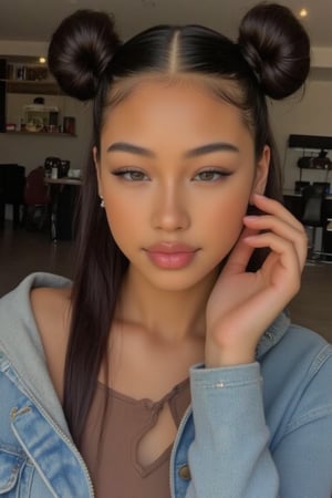 Create a stunning portrait of an 18-year-old mixed-heritage girl, blending South African and Japanese roots:

- Chilling, hanging out at home, in a coffee shop with her laptop
- Cinnamon, Mocca brown skin with subtle sheen
- Almond-shaped asian eyes, full lips, small button nose, small petite nose, braces, 
- Structured cheek bones, feminine features, 
- Long straight hair in two braids, all hair in braids, light hair out on the side
- Petite, toned physique (5'3", 125 lbs, 34" waist) head fits body, realistic body
- Asian swag, baggy clothes, brown shirt with a denim jean jacket
- Minimal makeup, natural glow
- Confident pose, bright smile, pearly white teeth

Capture her essence: American girl, mixed race, beautiful blend."

Realistic, photo real, photo realistic, real,