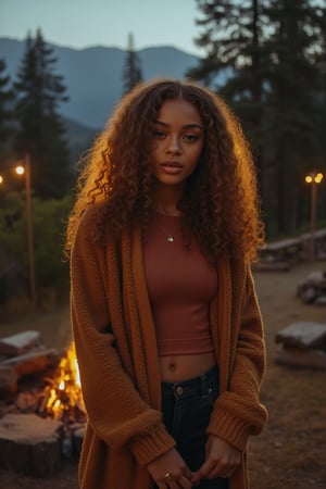 Generate an image of a stunning 18-year-old petite teenager, young, youth, child, kid, blending Black and Spanish heritage. She has fluffy curly golden brown hair, Type 4 hair, lush and vibrant, falling in loose waves down her back.

Setting:
- Outdoor: A serene mountain campsite at dusk, mountain view
- Soft, warm lighting with subtle shadows and twinkling string lights
- Tall trees surrounding a cozy clearing, with a crackling campfire and rustic wooden benches
- Camping gear and equipment subtly integrated into the scene

Physical Description:
- Fair skin with a subtle, sun-kissed glow
- Bright, expressive hazel eyes

Outfit:
- Comfortable, fall/autumn-toned (red, yellow, green, brown) fitted top (flannel or fleece)
- Practical leggings
- Warm, cozy cardigan 
- Sturdy hiking boots

Style:
-Effortless, coastal chic
- Confident, carefree, innocent pose

Mood:
- Serene, joyful, and radiant
- Capturing the essence of a relaxed summer afternoon
Inspired by singer Tyla's vibrant energy and style, create a breathtaking image that embodies beauty, elegance, and a laid-back coastal vibe.