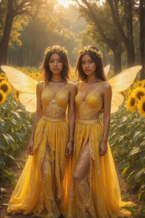 Create a stunning portrait of 18-year-old twins mixed-heritage girl, blending South African and Japanese roots:  - Cinnamon, Mocca brown skin with subtle sheen - Almond-shaped asian eyes, full lips, small button nose, small petite nose, braces, - Structured cheek bones, feminine features, 2 girls, Twins, two girls, sisters, siblings, girls, not alone, side by side,

_Twin Iridessa Costume Prompt:_

"Identical twin fairies, Makayla and Mariah, stand together in a vibrant, golden meadow, surrounded by towering sunflowers and swaying grass. Their bright yellow costumes shine like sunlight.

Costume details:

- Matching, flowing yellow gowns with delicate, petal-like layers
- Iridessa's iconic light-inspired design elements: sparkles, glittering accents
- Wings: translucent, yellow-tinted with intricate, swirling patterns

Accessories:

- Interlocking sunflower crowns or headpieces
- Woven grass and wildflower garlands around their necks or waists
- Glowing, lantern-like wands

Setting:

- Golden hour in a sunflower field
- Soft, warm lighting with subtle shadows

Mood:

- Warm, inviting, and radiant

Style:

- Whimsical, natural, with a touch of elegance

Inspired by Disney's Tinkerbell and her friends from pixie hollow