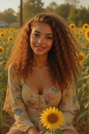 Generate a candid, stunning photo of an 18-year-old girl:

- Blending Black and Spanish heritage
- Fluffy curly brown hair (Type 4), lush and vibrant, long curly hair, middle part

Setting:

- Outside in a garden or park
- Sitting amidst sunflowers and grass
- Warm, natural lighting

Pose:

- Sitting with legs crossed or stretched out
- Leaning against a tree or sunflower
- Lying down in the grass, laughing

Expression:

- Sultry: intense gaze, parted lips
- Playful: giggling, hair toss
- Quirky: duck face, tongue-out

Outfit:

- Tie-dye romper, sneakers, layered necklaces
- Cropped denim jacket, white tee, high-waisted distressed shorts
- Floral maxi dress, sandals, statement earrings

Figure:

- Petite, 5’3”, 125lbs
- Average build

Style:

- Instagram-inspired, casual-chic
- Soft focus, warm filters, natural texture overlays