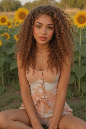 Generate a candid, stunning photo of an 18-year-old girl:

- Blending Black and Spanish heritage
- Fluffy curly brown hair (Type 4), lush and vibrant, long curly hair, middle part

Setting:

- Outside in a garden or park
- Sitting amidst sunflowers and grass
- Warm, natural lighting

Pose:

- Sitting with legs crossed or stretched out
- Leaning against a tree or sunflower
- Lying down in the grass, laughing

Expression:

- Sultry: intense gaze, parted lips
- Playful: giggling, hair toss
- Quirky: duck face, tongue-out

Outfit:

- Tie-dye romper, sneakers, layered necklaces
- Cropped denim jacket, white tee, high-waisted distressed shorts
- Floral maxi dress, sandals, statement earrings

Figure:

- Petite, 5’3”, 125lbs
- Average build

Style:

- Instagram-inspired, casual-chic
- Soft focus, warm filters, natural texture overlays